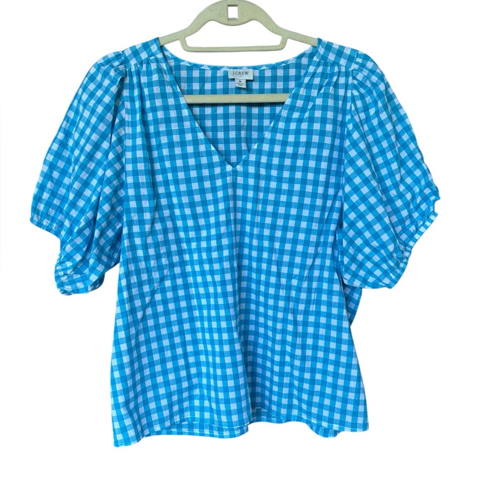 J.Crew Blue Gingham Puff Sleeve Cotton Top Size M‎ Cottagecore Countrygirl